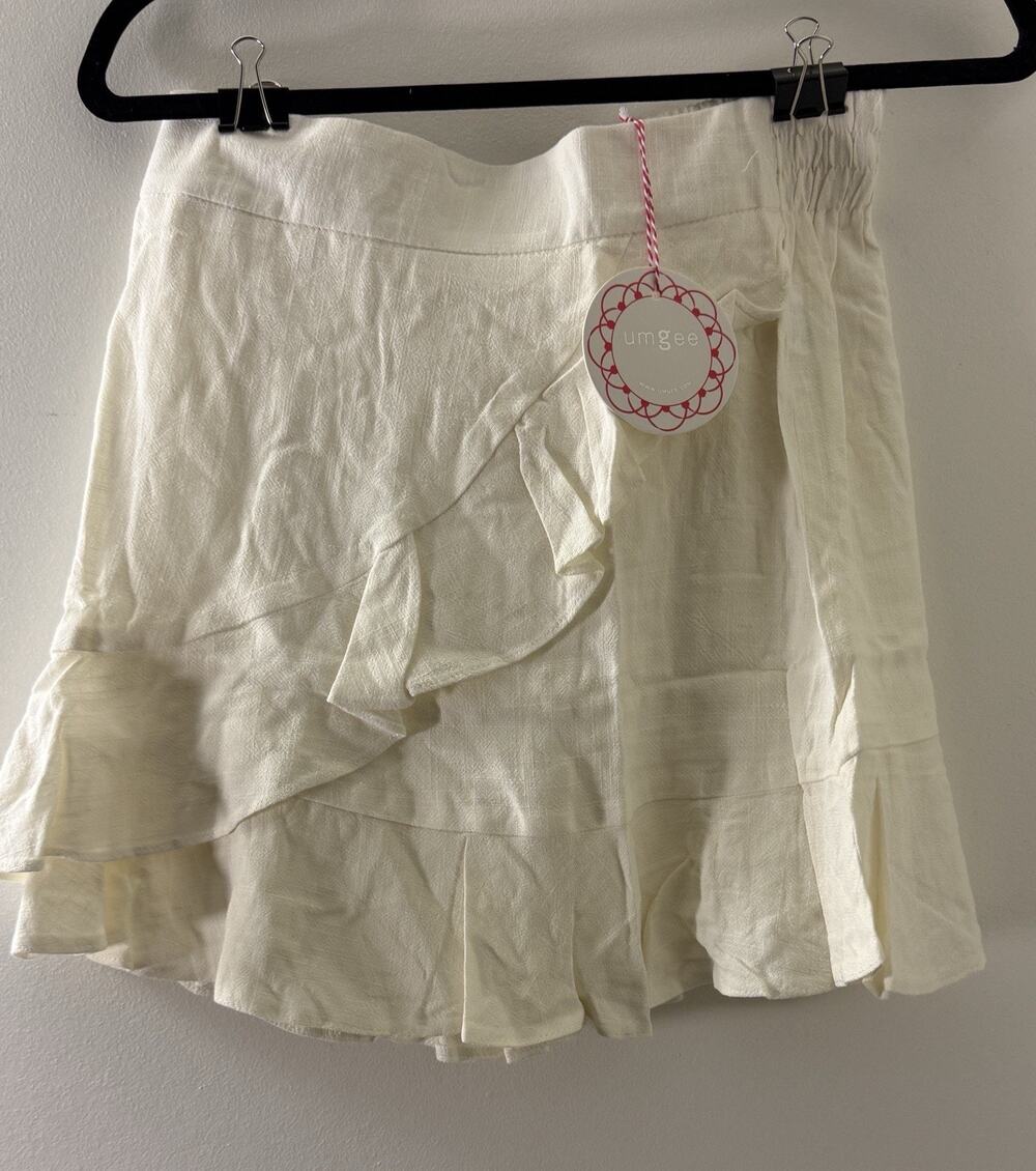 Umgee Linen Blend Ruffle Mini Skirt Ivory Cream Size M NWT Boho Elastic Waist